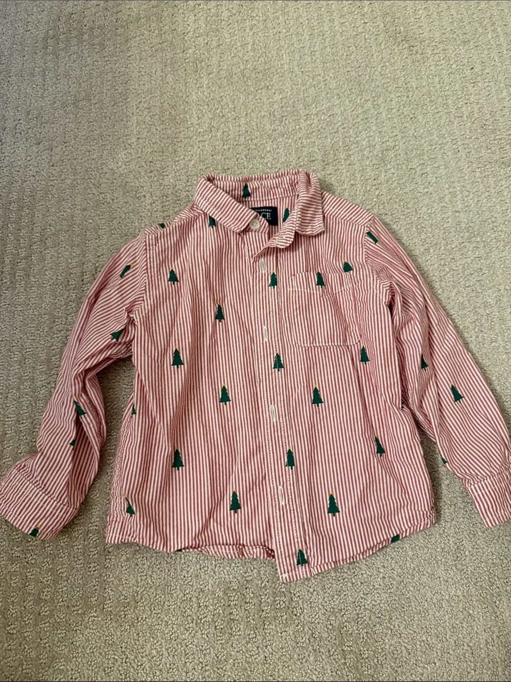 The Children's Place Red & White Stripe Button-Down Shirt with Green Tree Print
